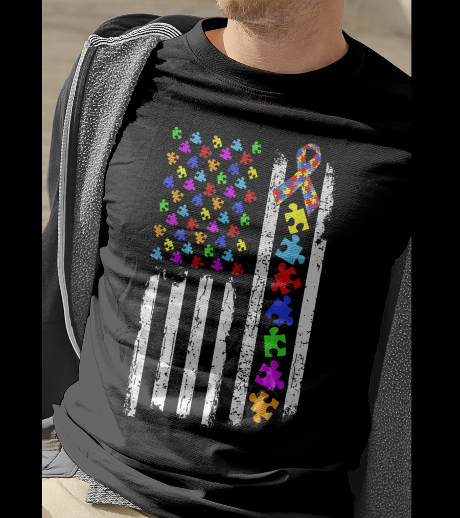 Autism Awareness Puzzle Pieces American Flag T-Shirt