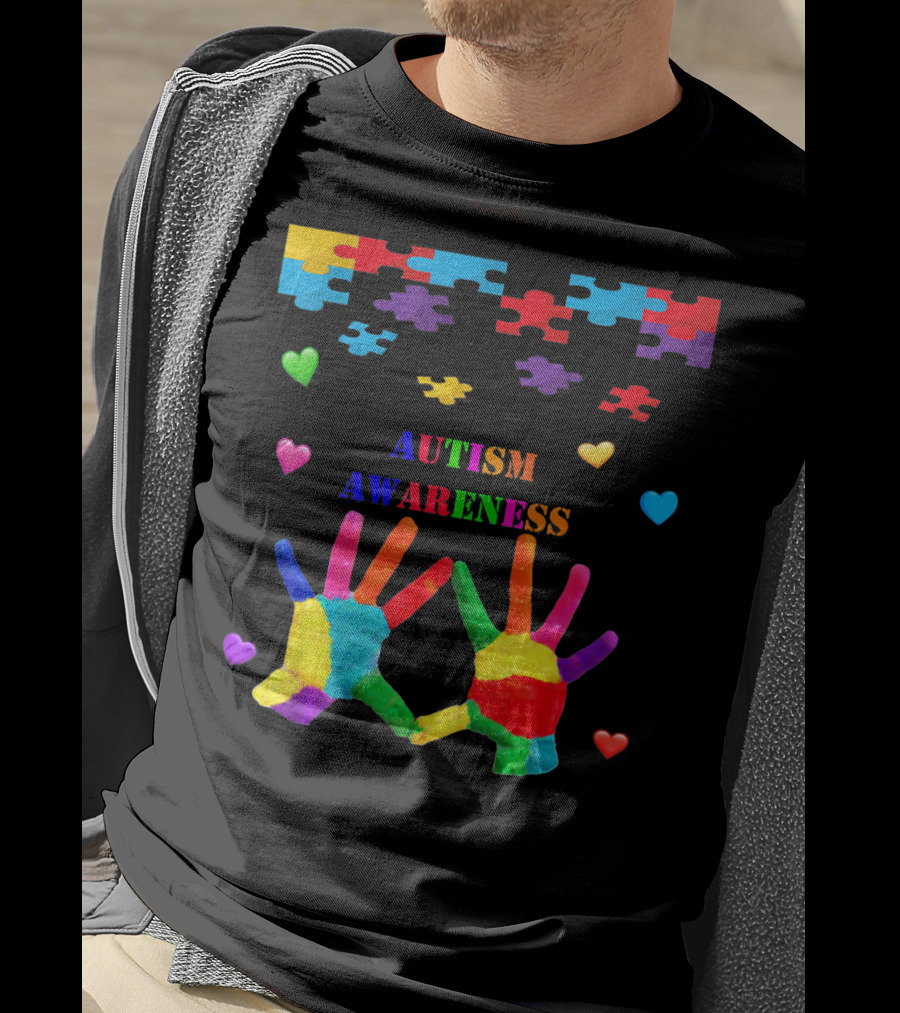 Autism Awareness Colorful Hands With Puzzle Pieces And Hearts T-Shirt