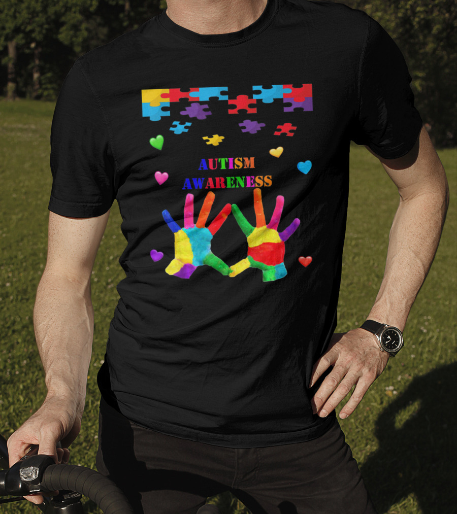 Autism Awareness Colorful Hands With Puzzle Pieces And Hearts T-Shirt