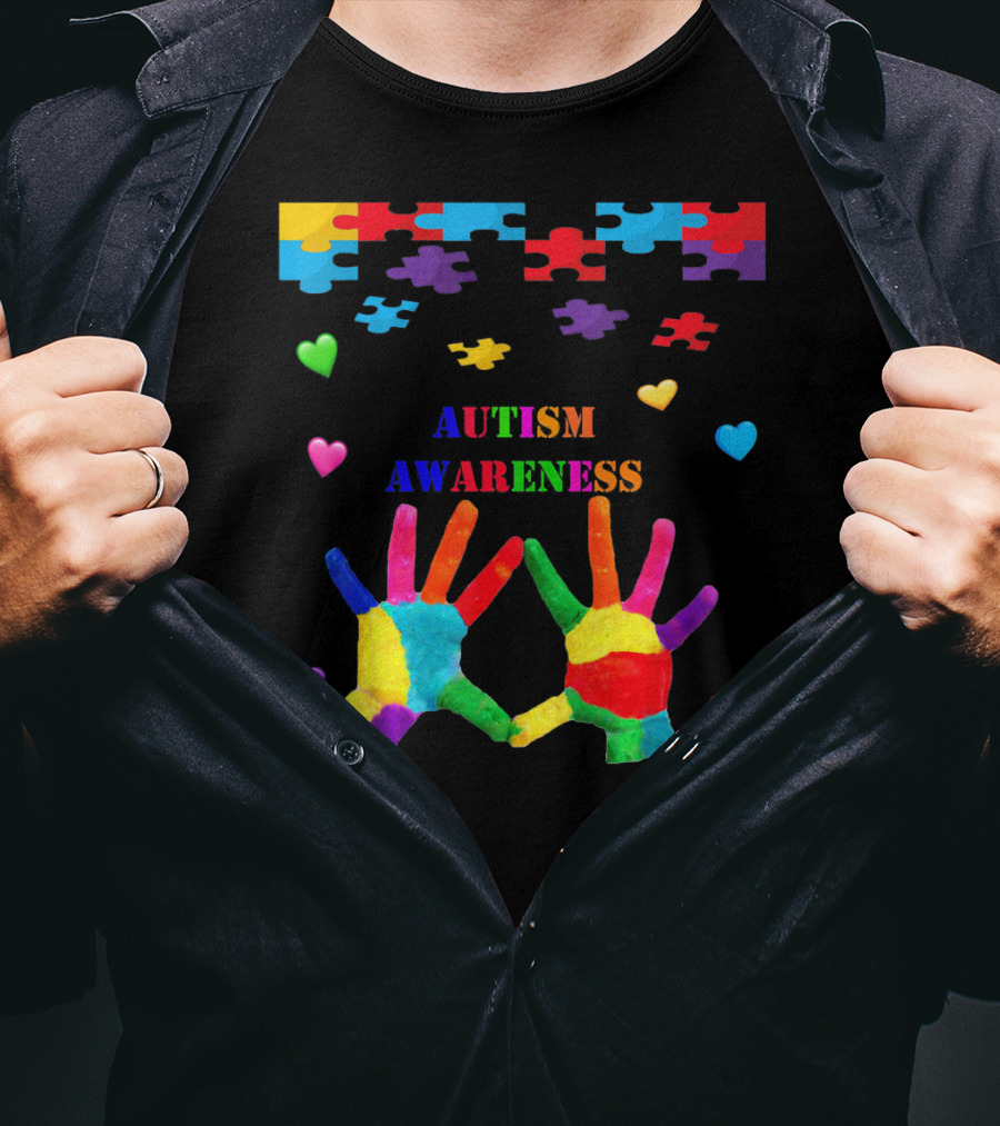 Autism Awareness Colorful Hands With Puzzle Pieces And Hearts T-Shirt