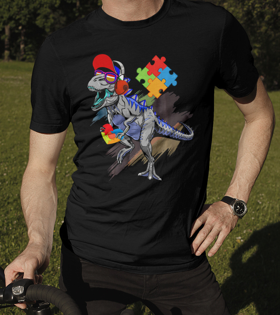 Dinosaur Puzzle Piece Glasses Funny Autism Awareness T-Shirt