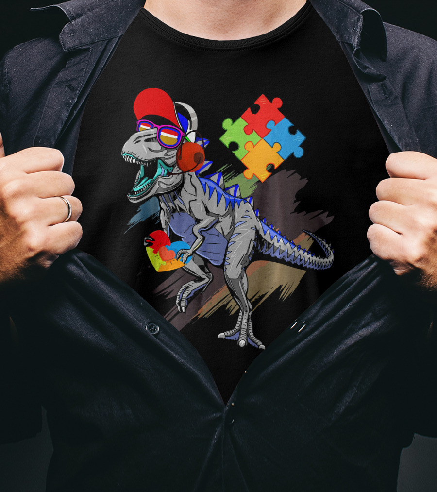 Dinosaur Puzzle Piece Glasses Funny Autism Awareness T-Shirt