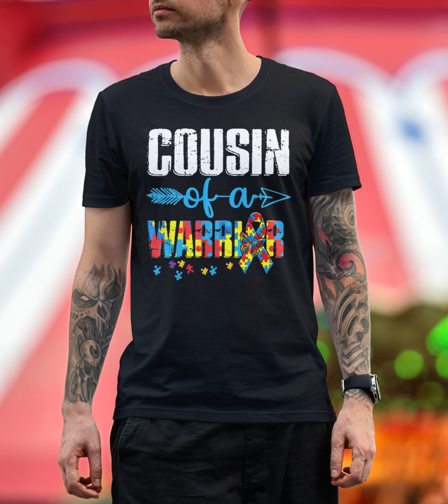 Cousin Of A Warrior Autism Awareness Puzzle Ribbon Butterfly T-Shirt