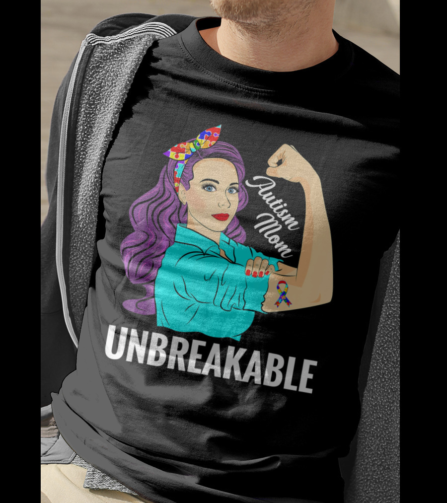 Autism Mom Unbreakable Awareness Rosie The Riveter With Puzzle T-Shirt