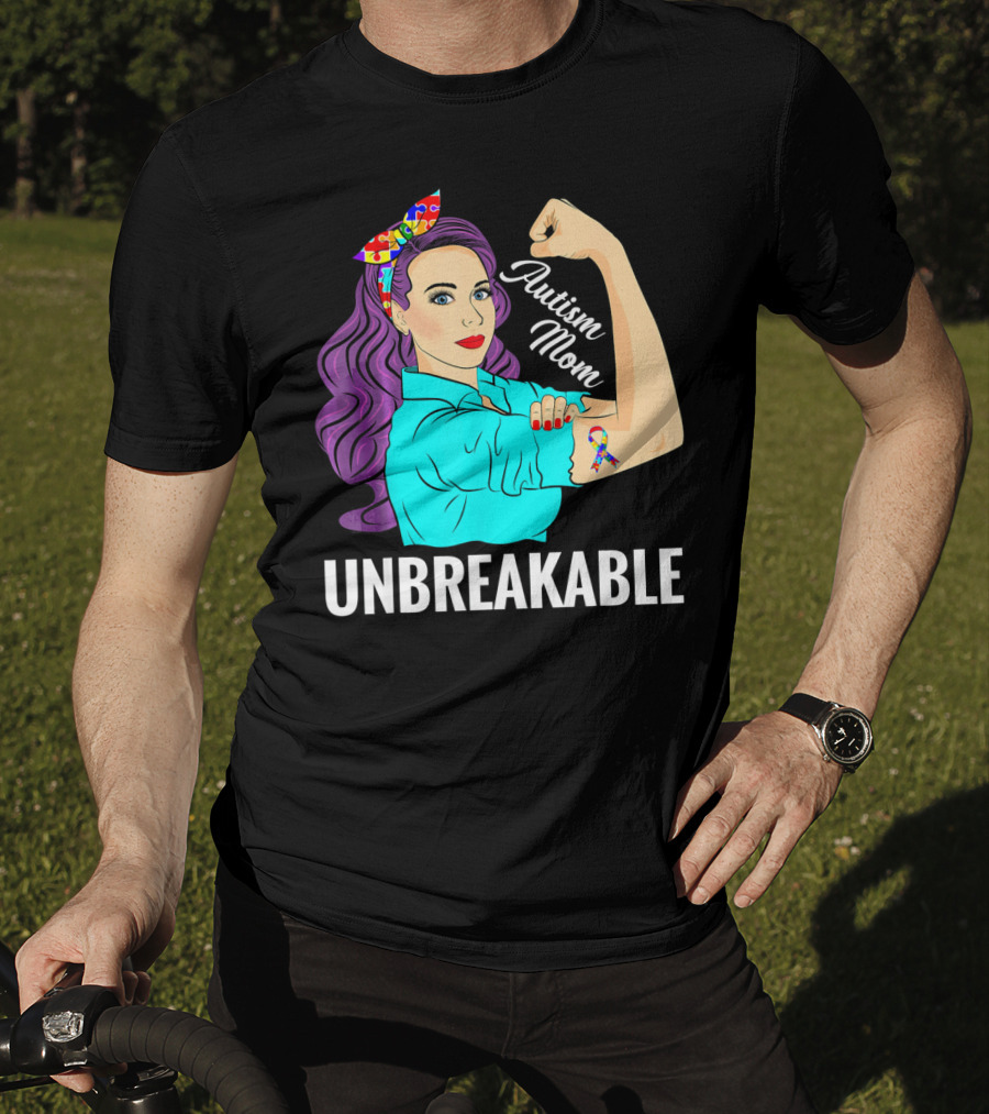 Autism Mom Unbreakable Awareness Rosie The Riveter With Puzzle T-Shirt