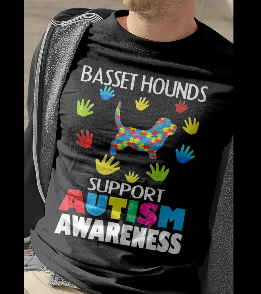 Basset Hounds Support Autism Awareness Puzzle Pattern Hands T-Shirt