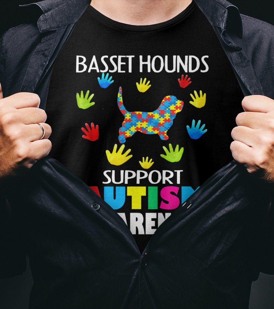 Basset Hounds Support Autism Awareness Puzzle Pattern Hands T-Shirt