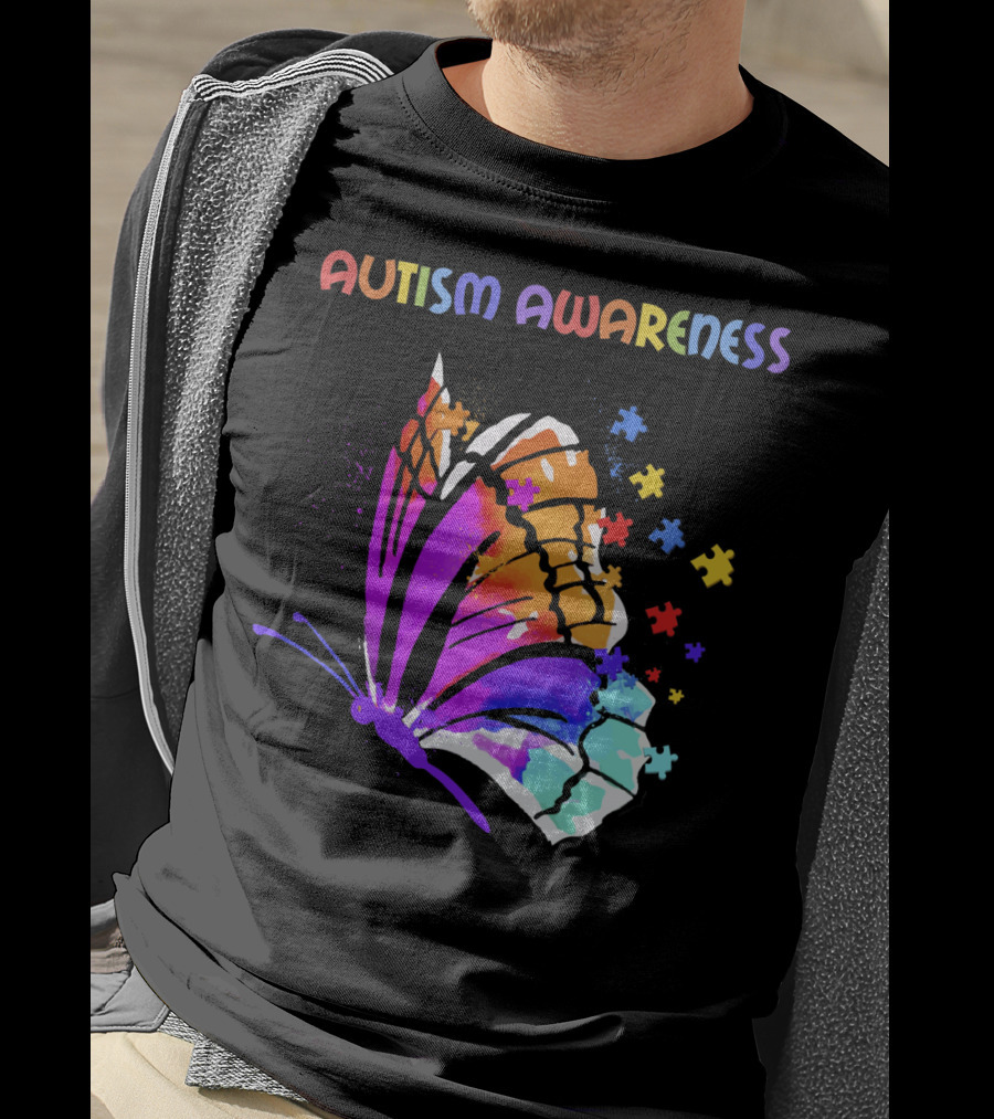 Autism Awareness Colorful Butterfly With Puzzle Pieces T-Shirt