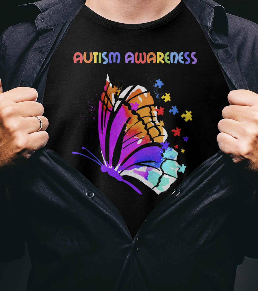 Autism Awareness Colorful Butterfly With Puzzle Pieces T-Shirt
