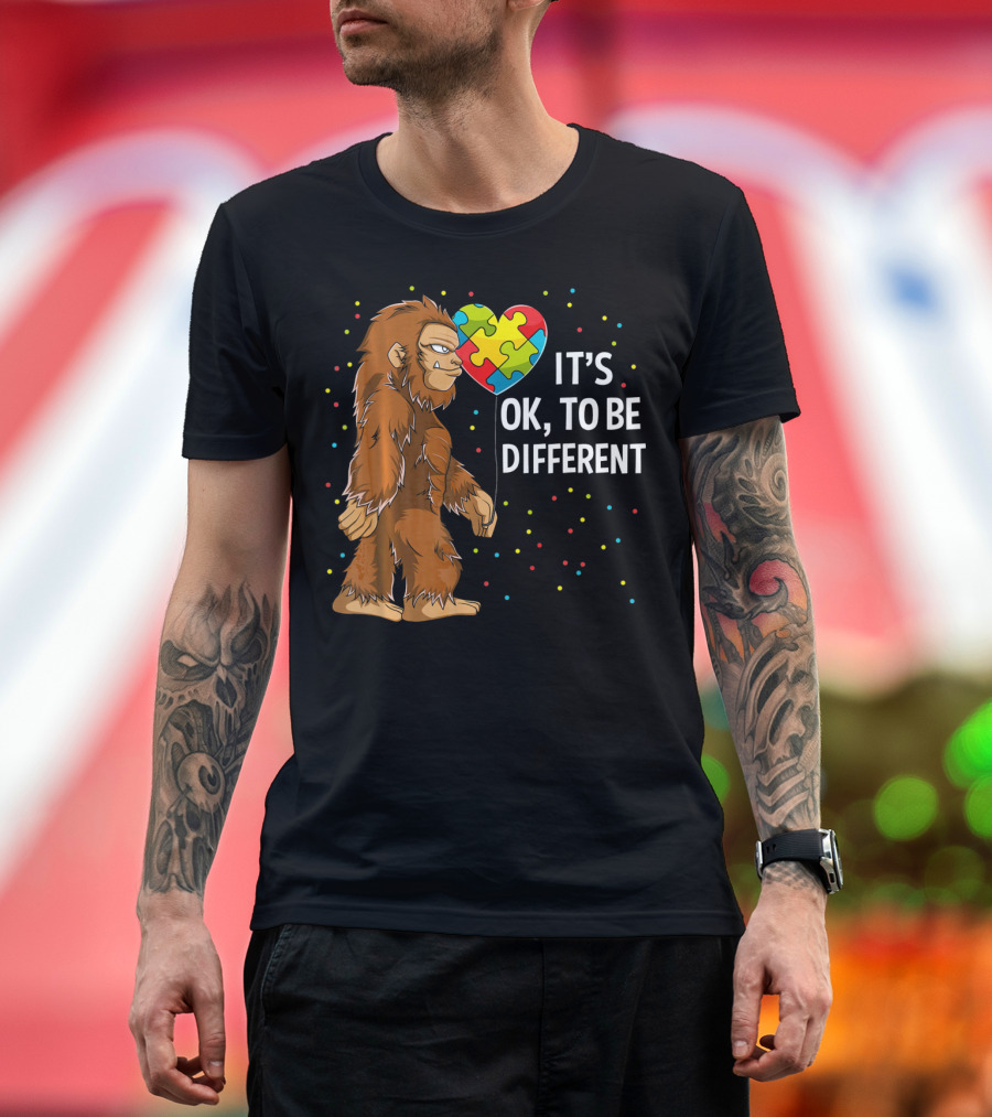 Autism Awareness Bigfoot Heart Puzzle It's OK To Be Different T-Shirt