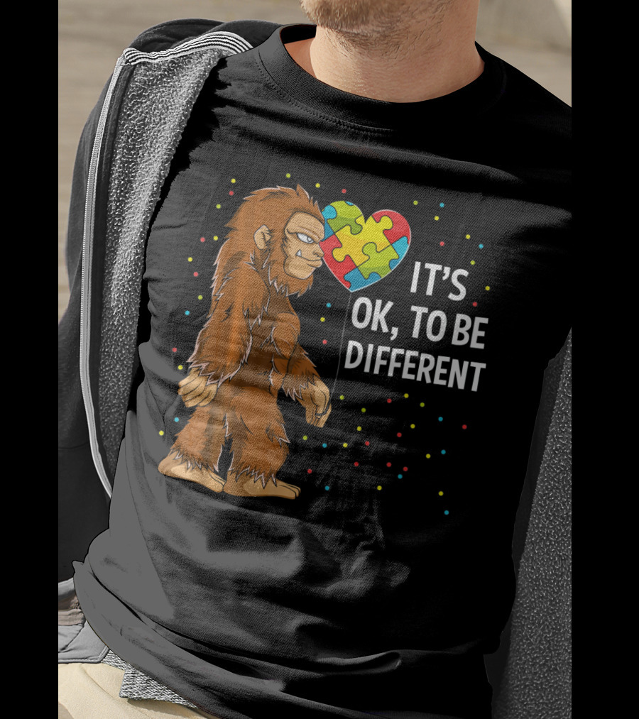 Autism Awareness Bigfoot Heart Puzzle It's OK To Be Different T-Shirt