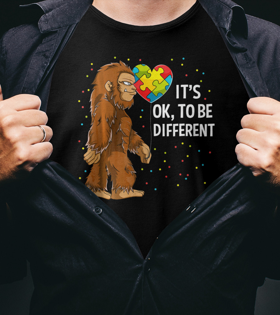 Autism Awareness Bigfoot Heart Puzzle It's OK To Be Different T-Shirt