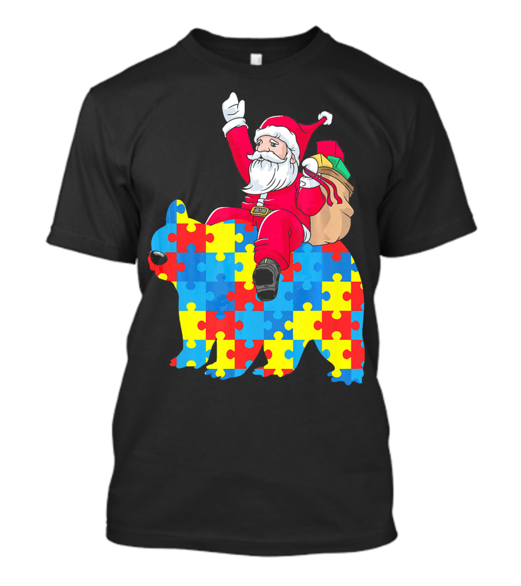 Santa Claus Riding Puzzle Piece Bear Autism Awareness T-Shirt