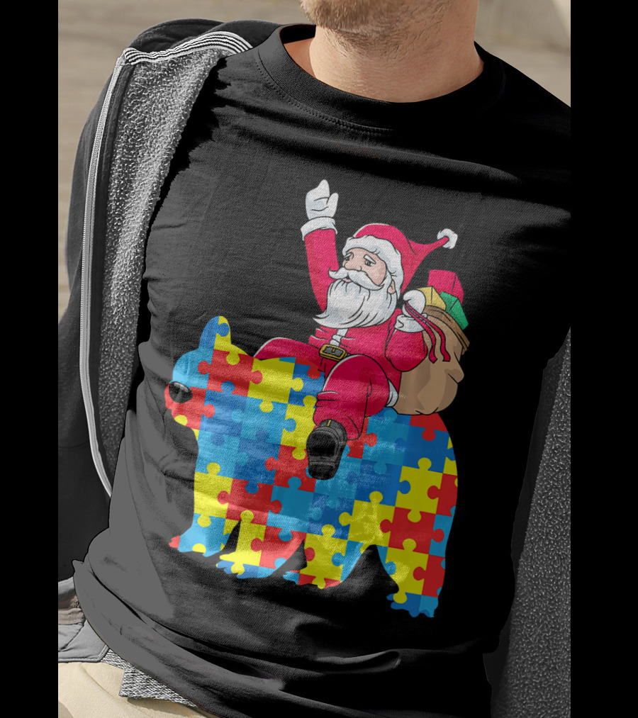 Santa Claus Riding Puzzle Piece Bear Autism Awareness T-Shirt
