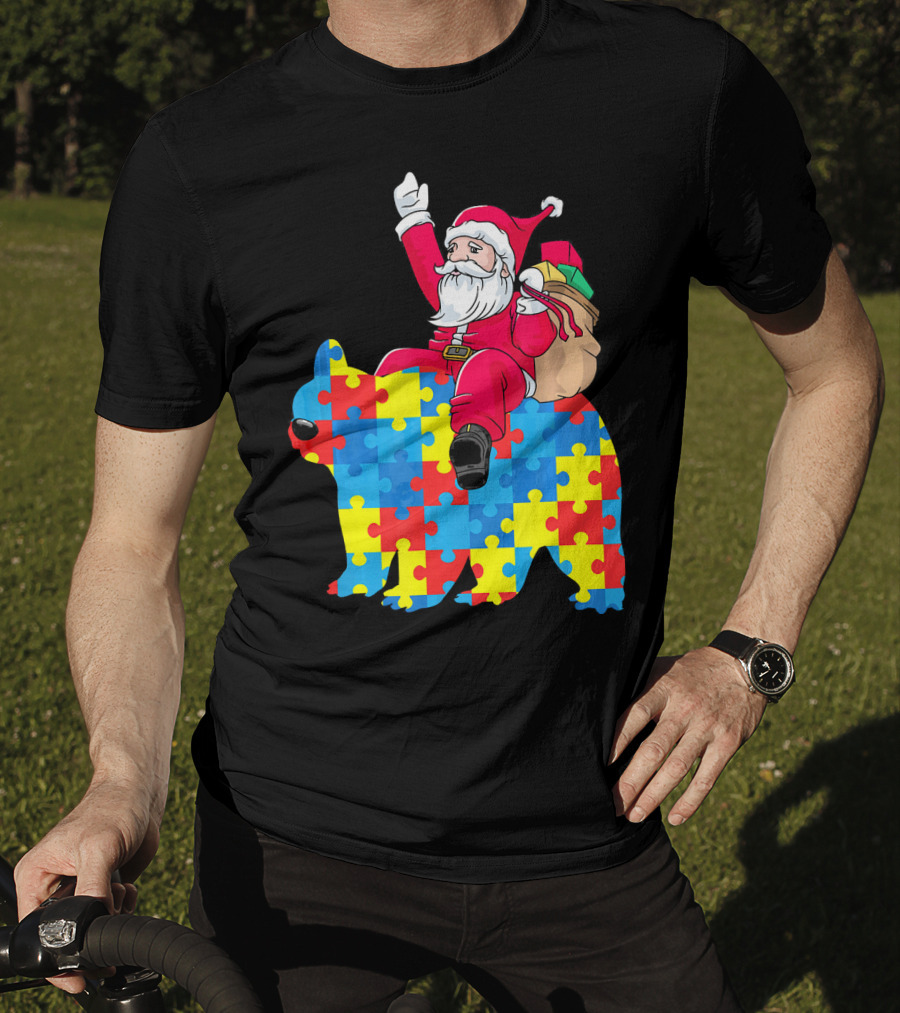 Santa Claus Riding Puzzle Piece Bear Autism Awareness T-Shirt