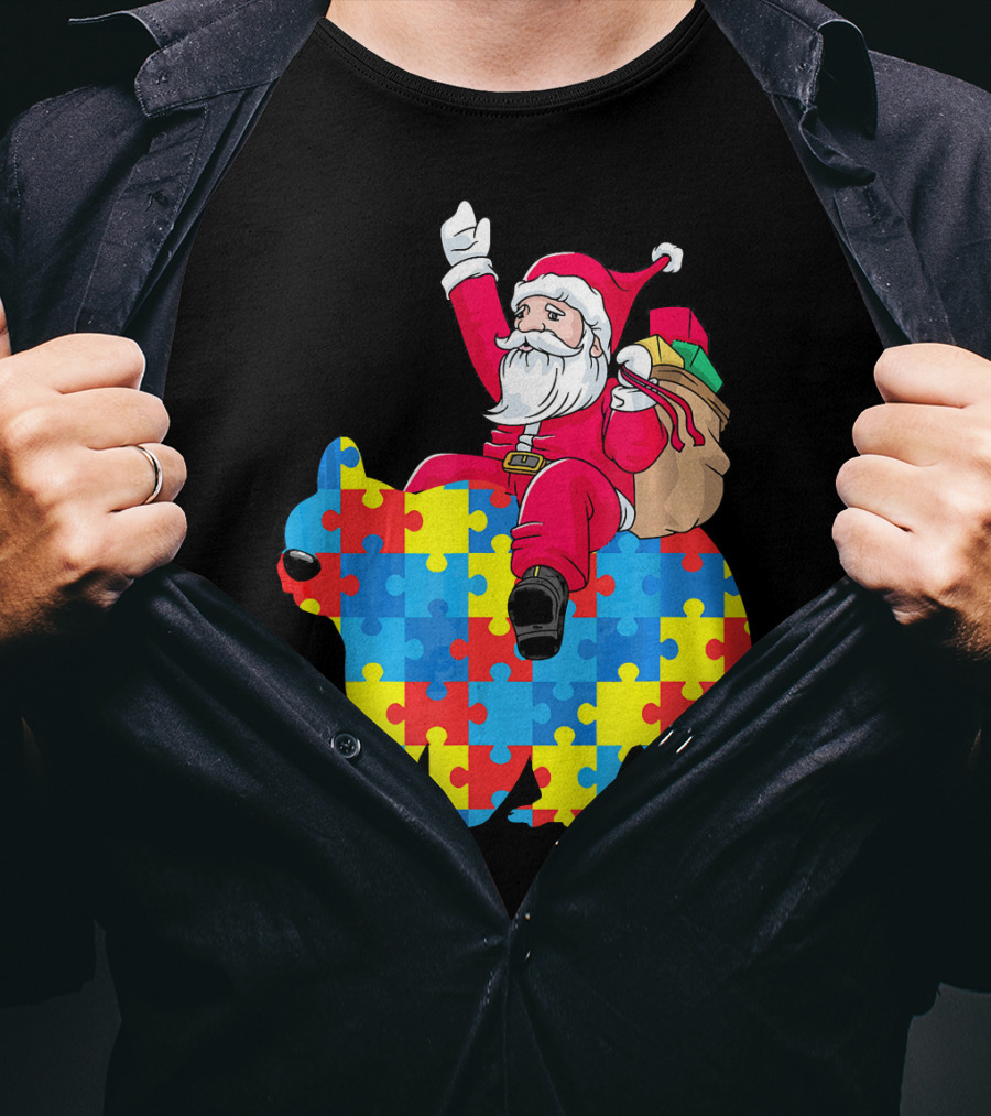 Santa Claus Riding Puzzle Piece Bear Autism Awareness T-Shirt
