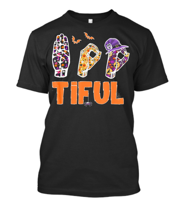 BOO Bootiful Halloween ASL Sign Language Autism With Spooky Hand Signs And Witch Hat T-Shirt