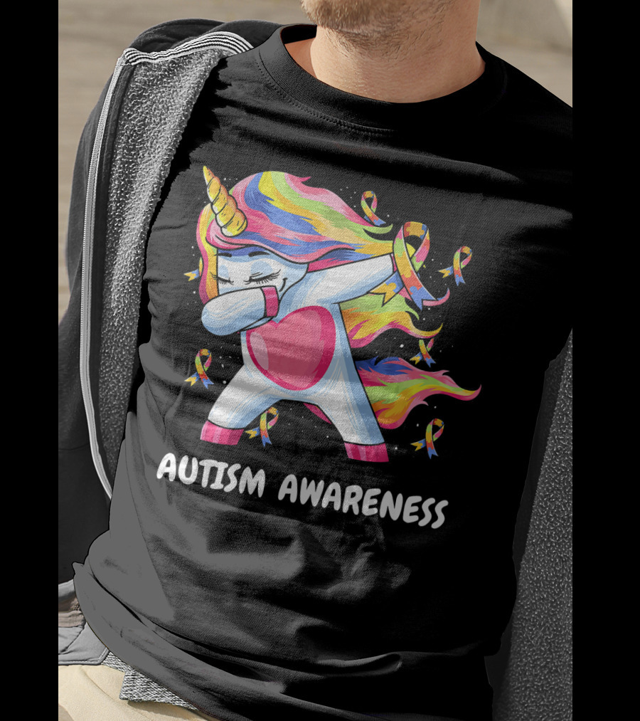 Autism Awareness Dabbing Rainbow Unicorn With Puzzle T-Shirt