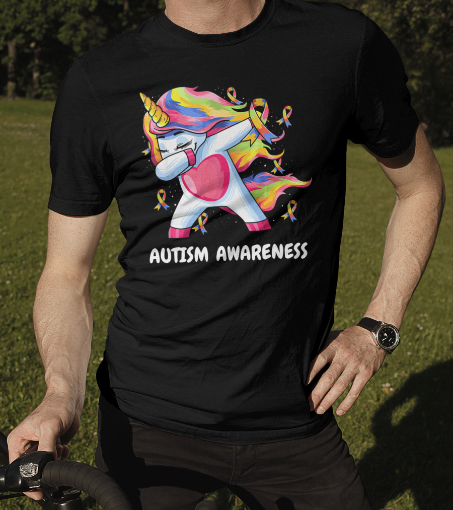 Autism Awareness Dabbing Rainbow Unicorn With Puzzle T-Shirt