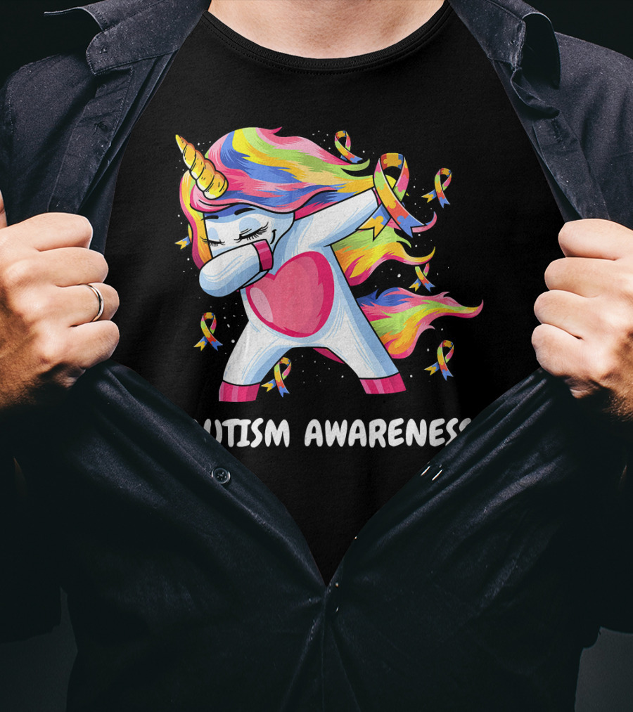 Autism Awareness Dabbing Rainbow Unicorn With Puzzle T-Shirt