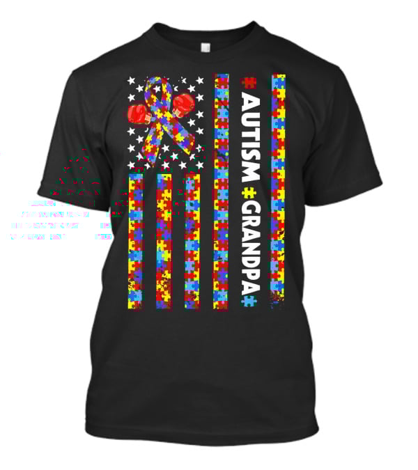 Autism Awareness Grandpa American Flag Puzzle Ribbon Boxing Gloves T-Shirt