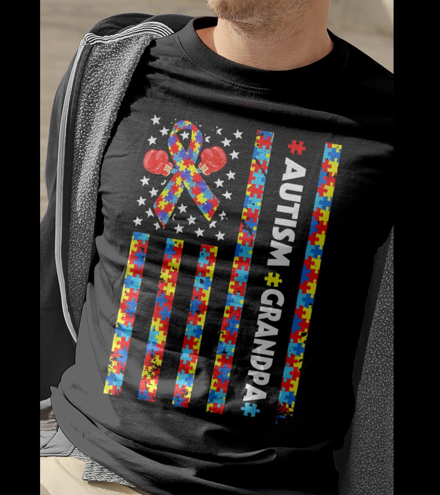 Autism Awareness Grandpa American Flag Puzzle Ribbon Boxing Gloves T-Shirt