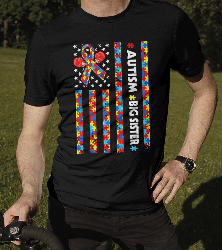 Autism Awareness American Flag Big Sister Puzzle Ribbon Boxing Gloves T-Shirt