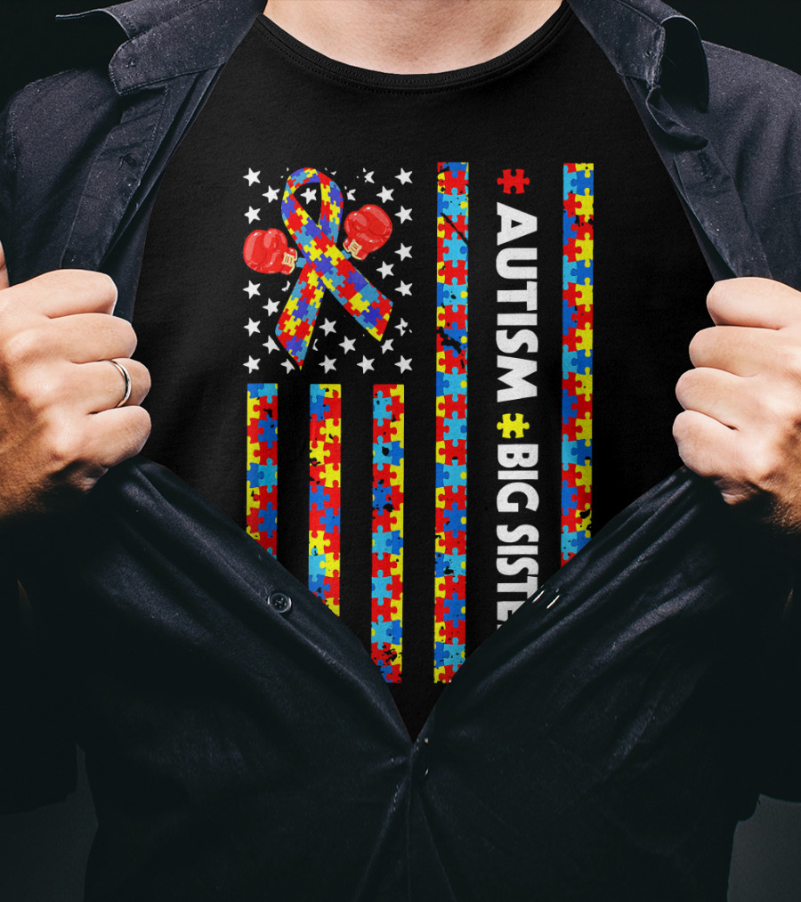 Autism Awareness American Flag Big Sister Puzzle Ribbon Boxing Gloves T-Shirt
