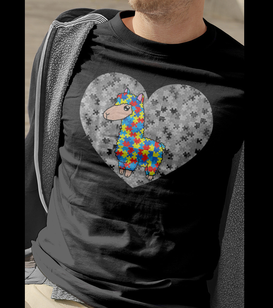 Funny Puzzle Llama Heart Autism Awareness Day T-Shirt