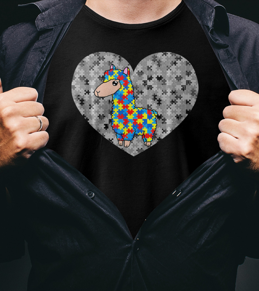 Funny Puzzle Llama Heart Autism Awareness Day T-Shirt