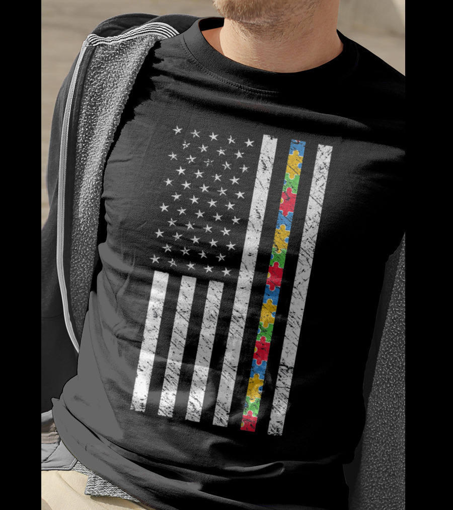 Autism Awareness American Flag Puzzle Piece T-Shirt