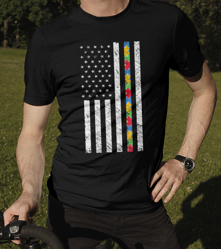 Autism Awareness American Flag Puzzle Piece T-Shirt