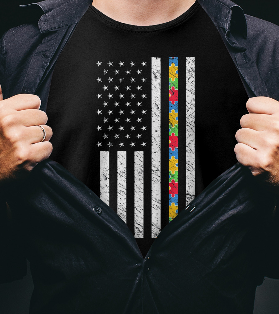 Autism Awareness American Flag Puzzle Piece T-Shirt