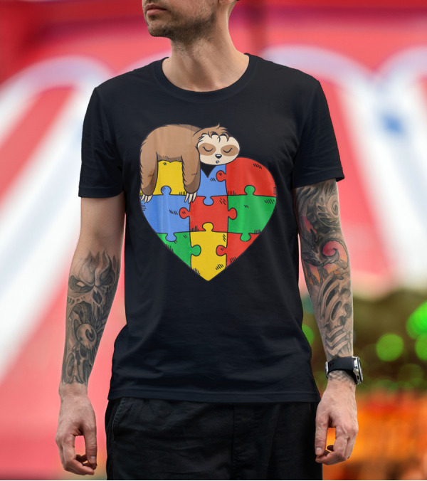 Premium T-Shirt: Cute Sloth Heart Puzzle Autism Parents Autistic Child T-Shirt Cute Sloth Heart Puzzle Autism Parents Autistic Child T-Shirt