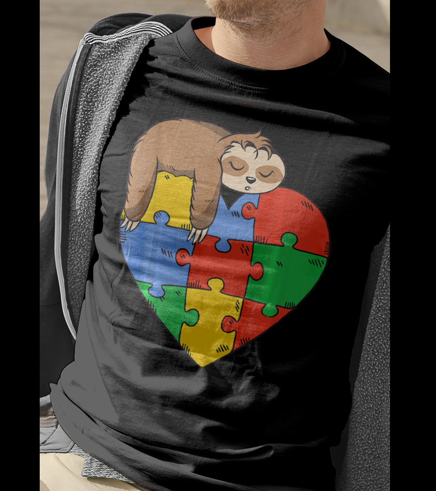 Cute Sloth Heart Puzzle Autism Parents Autistic Child T-Shirt