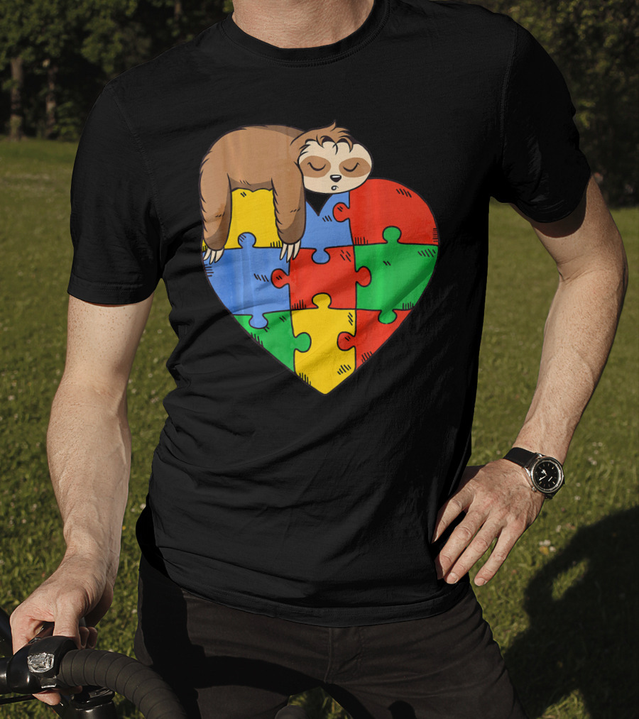 Cute Sloth Heart Puzzle Autism Parents Autistic Child T-Shirt