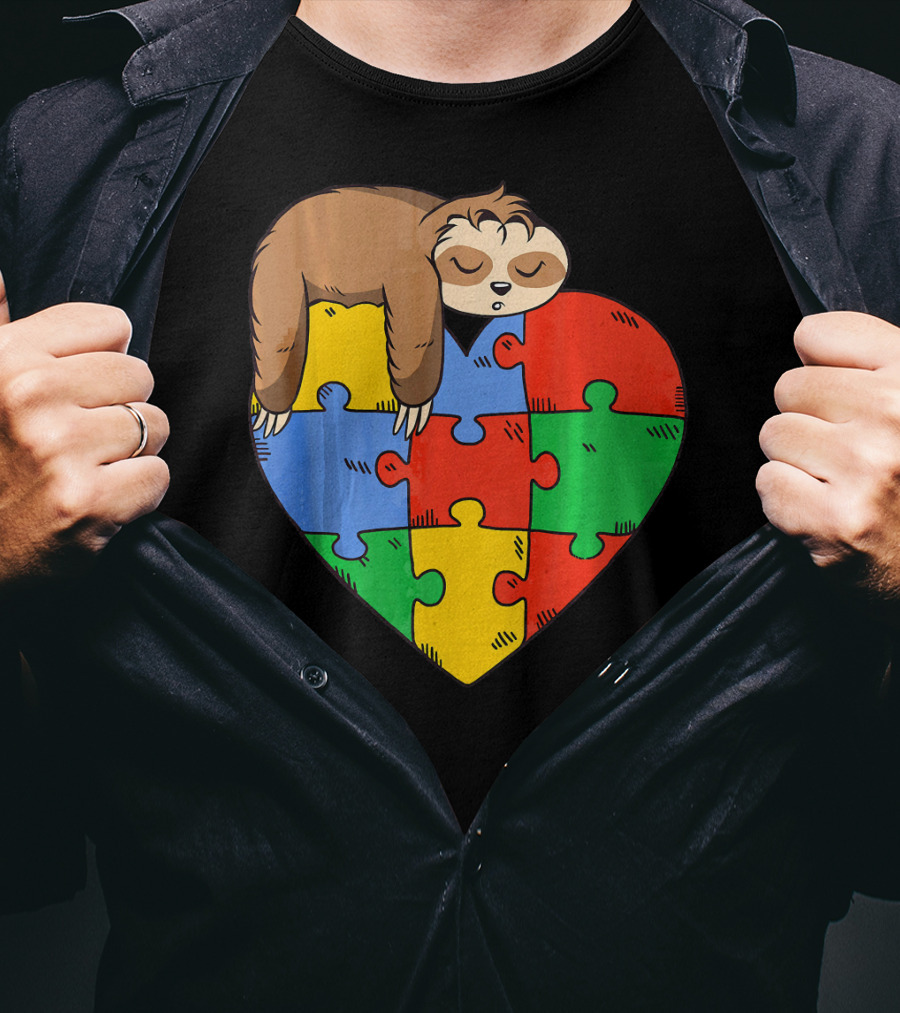 Cute Sloth Heart Puzzle Autism Parents Autistic Child T-Shirt