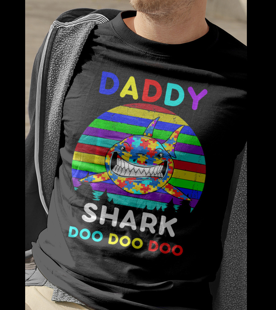 Daddy Shark Doo Doo Autism Awareness Colorful Puzzle Stripes T-Shirt