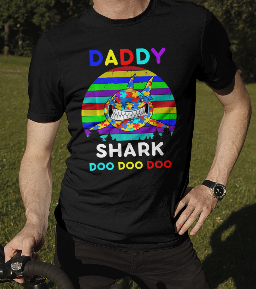 Daddy Shark Doo Doo Autism Awareness Colorful Puzzle Stripes T-Shirt