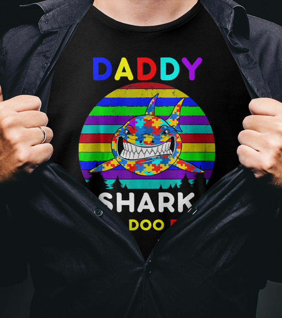 Daddy Shark Doo Doo Autism Awareness Colorful Puzzle Stripes T-Shirt