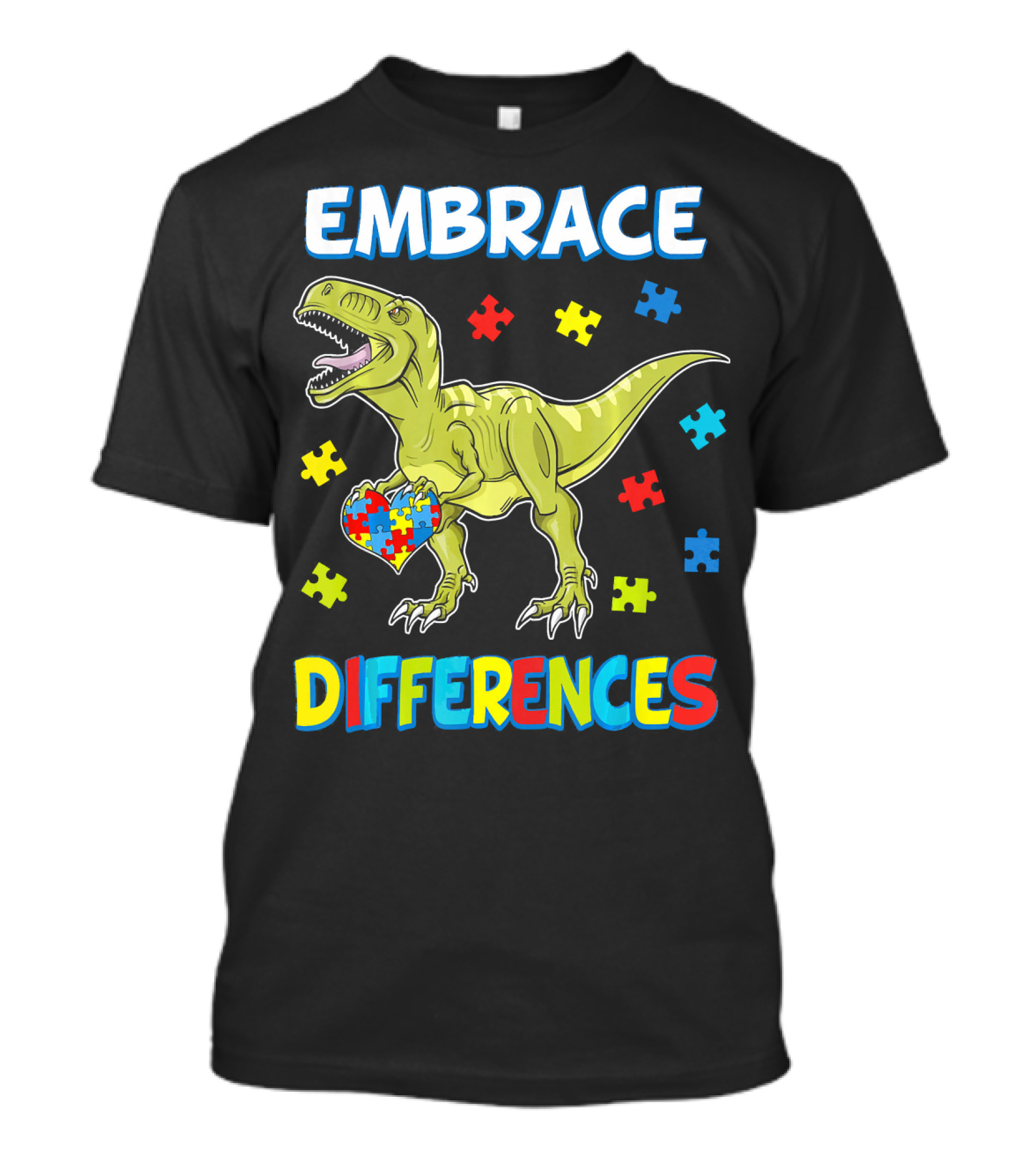 Embrace Differences Dinosaurus Trex Auti Puzzle Heart T-Shirt