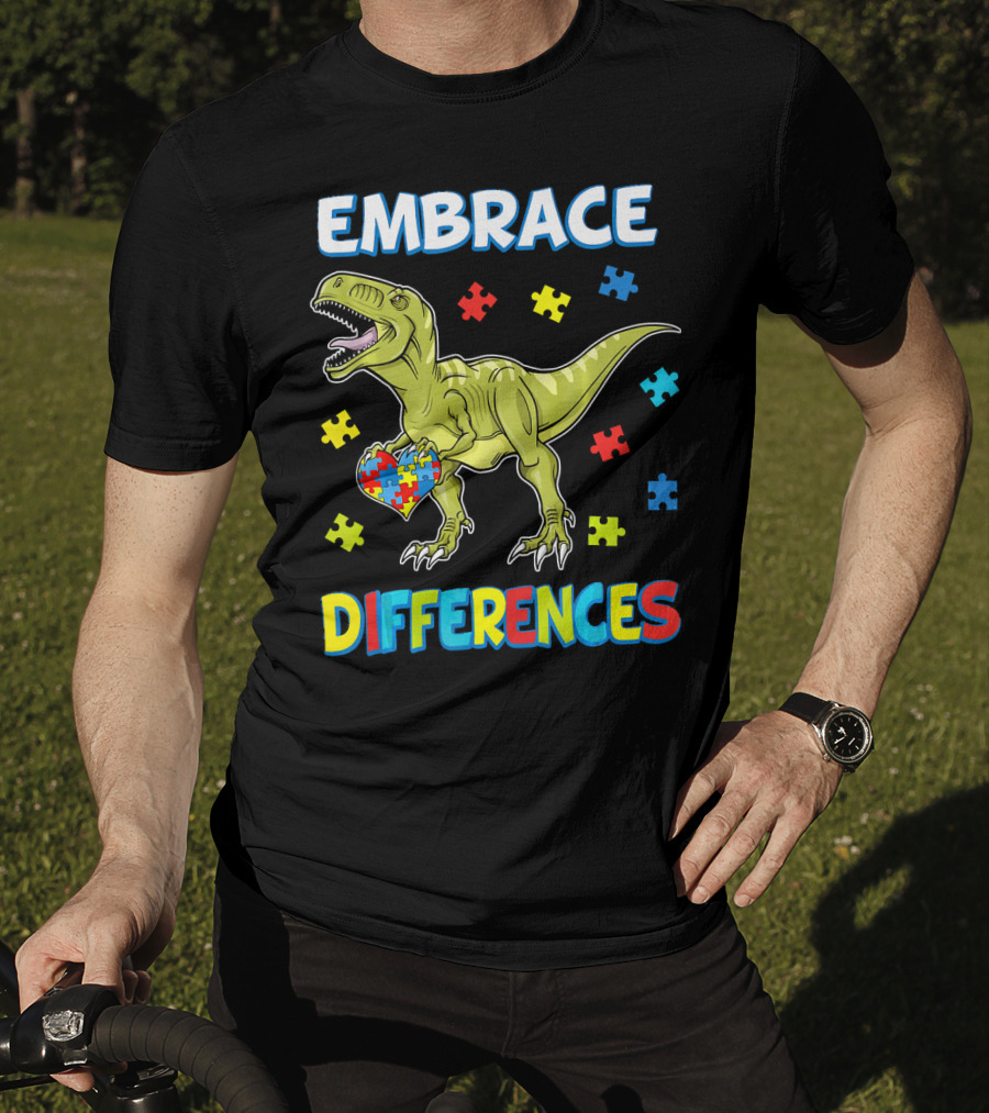 Embrace Differences Dinosaurus Trex Auti Puzzle Heart T-Shirt