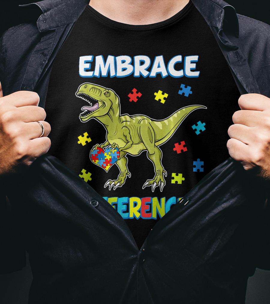 Embrace Differences Dinosaurus Trex Auti Puzzle Heart T-Shirt