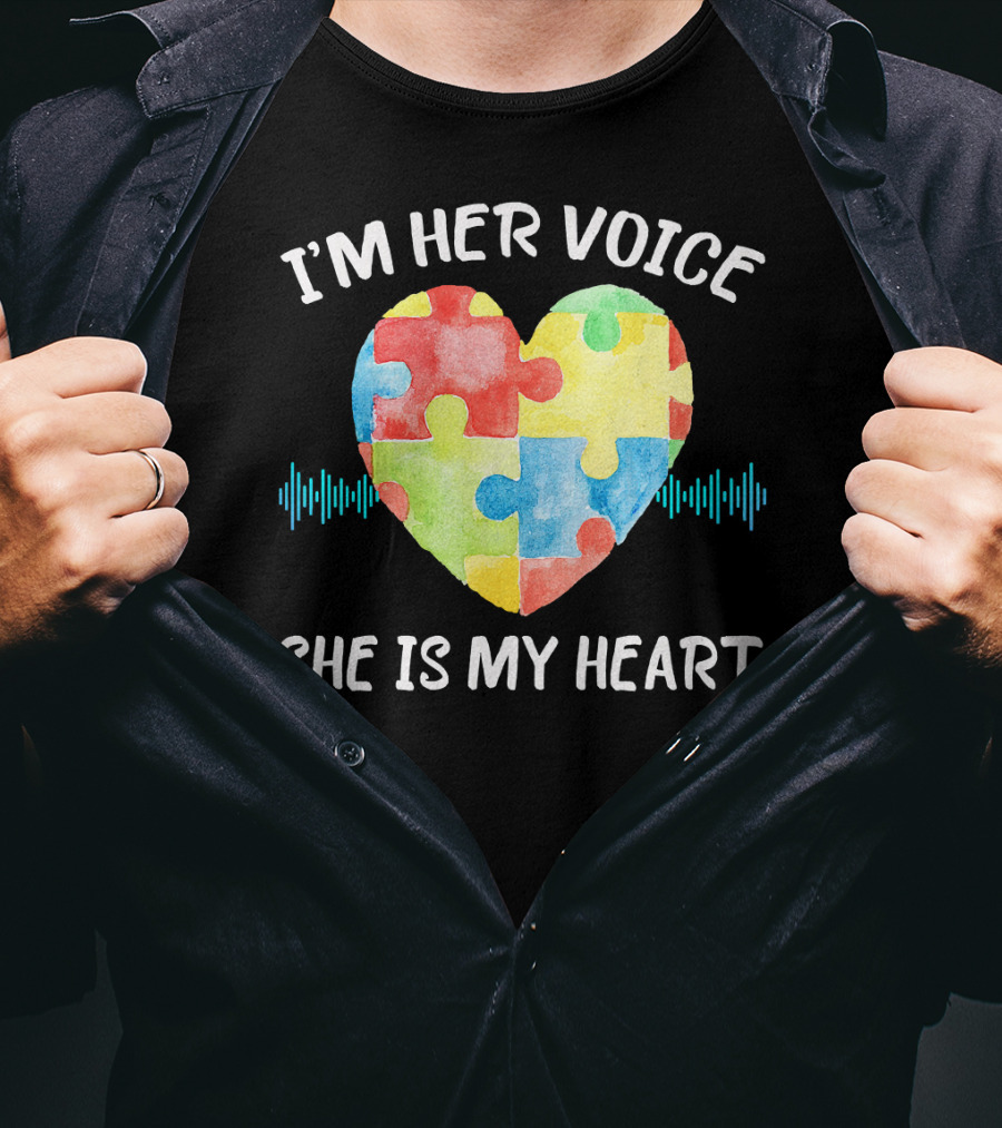 I'M HER VOICE SHE IS MY HEART Autism Puzzle Heart T-Shirt
