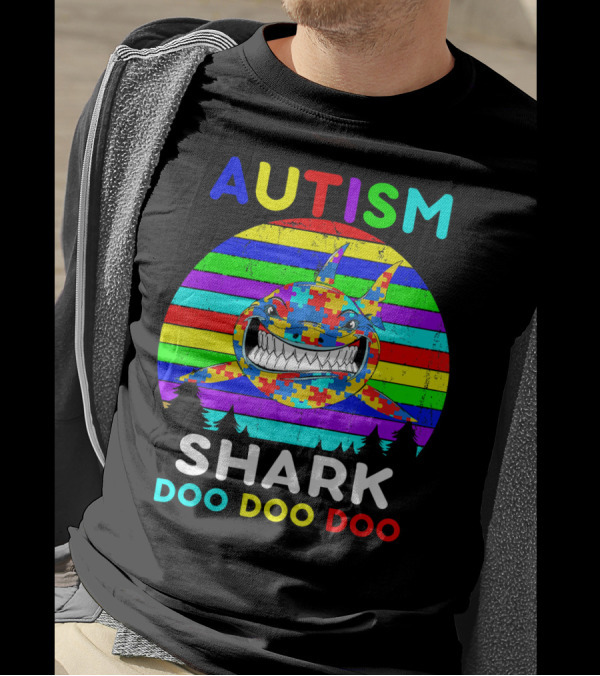 Autism Shark Doo Doo Doo Puzzle Piece Rainbow Awareness T-Shirt