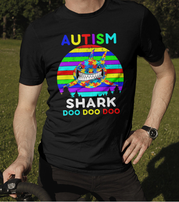 Autism Shark Doo Doo Doo Puzzle Piece Rainbow Awareness T-Shirt