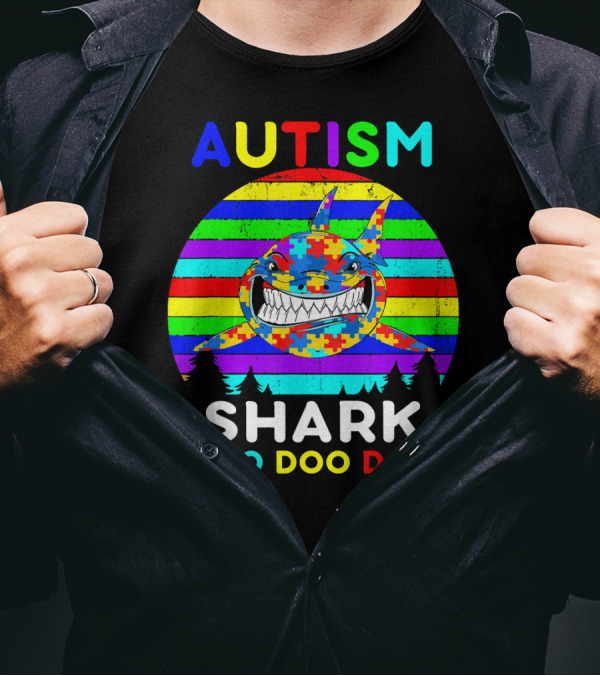 Autism Shark Doo Doo Doo Puzzle Piece Rainbow Awareness T-Shirt