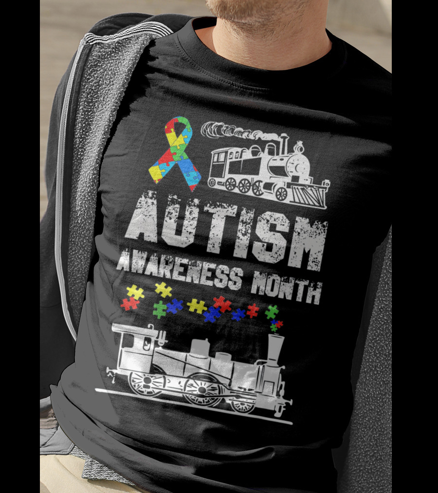 Autism Awareness Month Puzzle Ribbon Steam Train T-Shirt