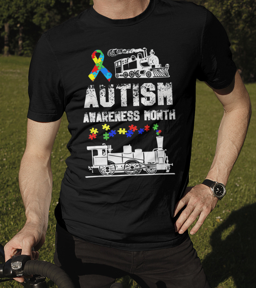 Autism Awareness Month Puzzle Ribbon Steam Train T-Shirt