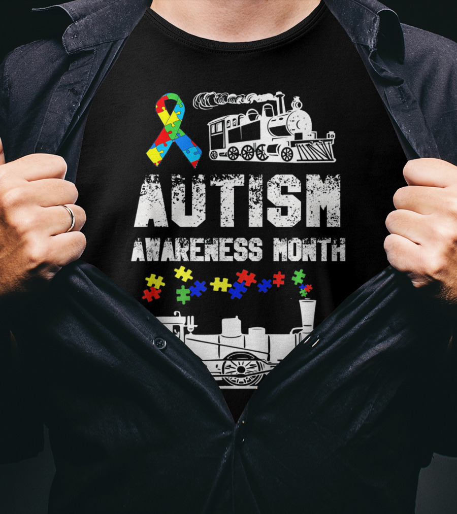 Autism Awareness Month Puzzle Ribbon Steam Train T-Shirt